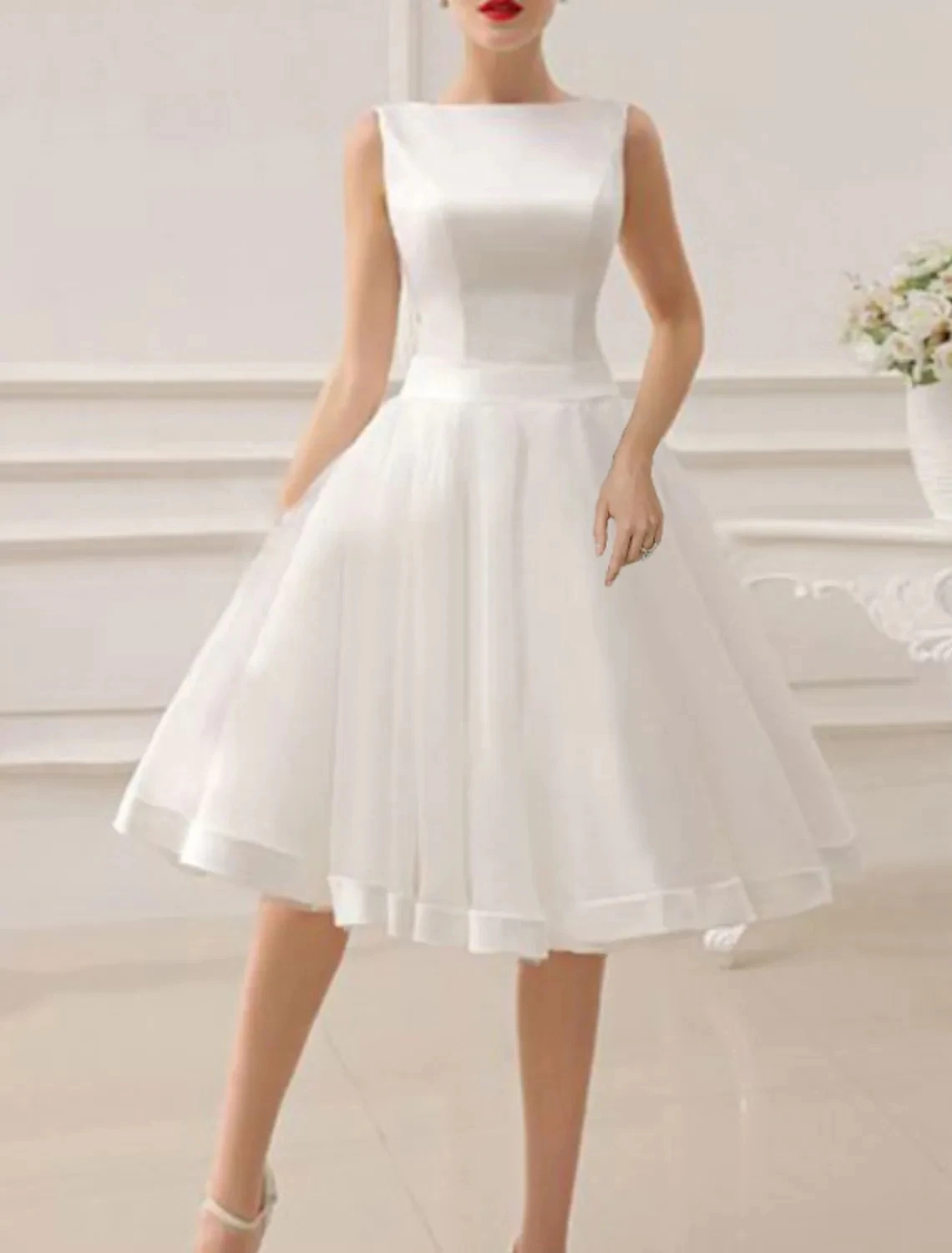 

A-line White Short Women Prom Dress 2023 With Bow Jewel Knee Length Tulle Evening Formal Gowns Bride Party Robes De Soiree