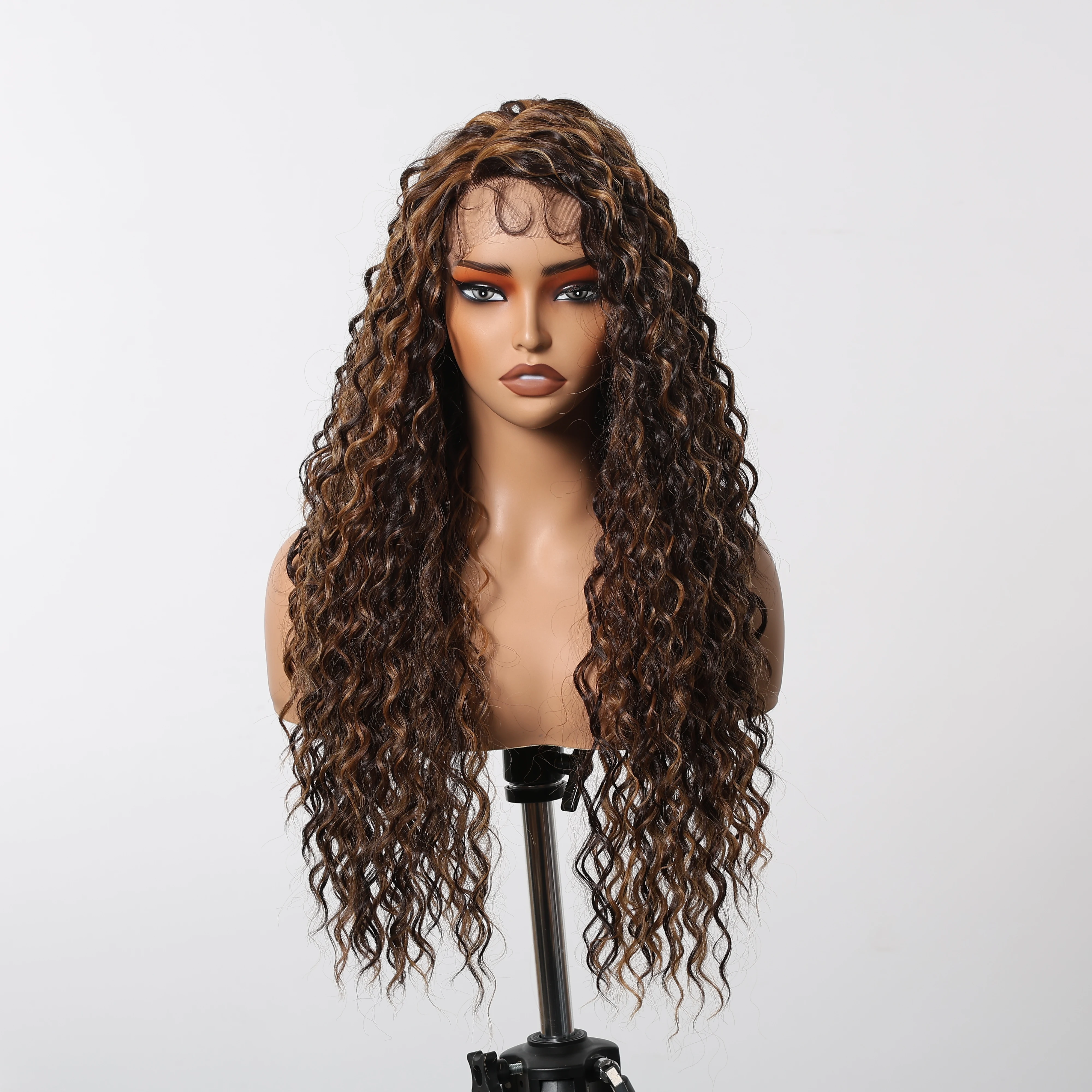 CharmSource Long13x4x1 Lace Synthetic Wigs Brown Highlight Golden Curly Wig for Black Women Natural High Density Daily Use