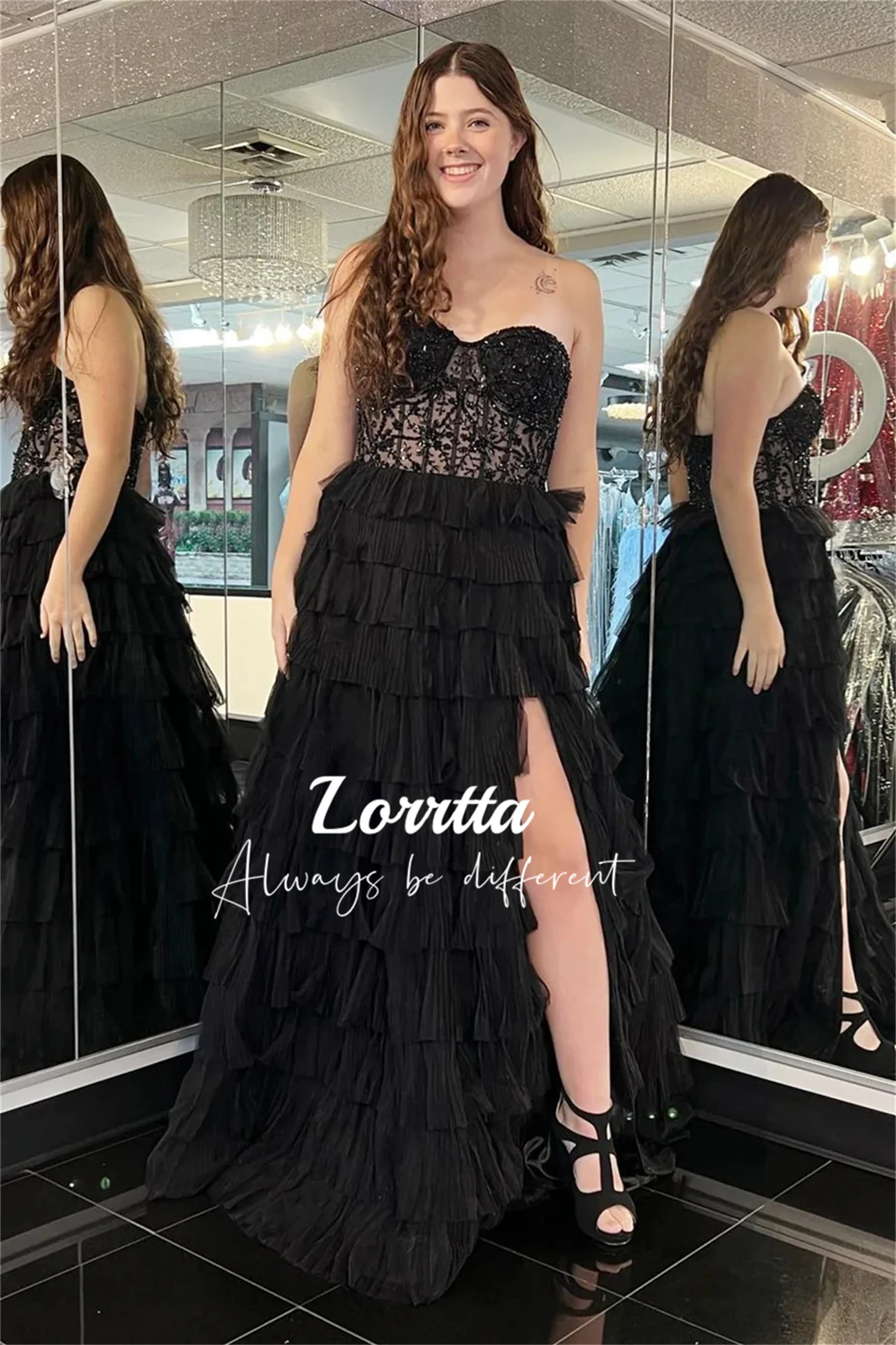 

Lorrtta Black Cocktail Party Hollow Applique Side Slit Lace Plus Size Women's Clothing Sexy Long Evening Dress Dresses for Prom