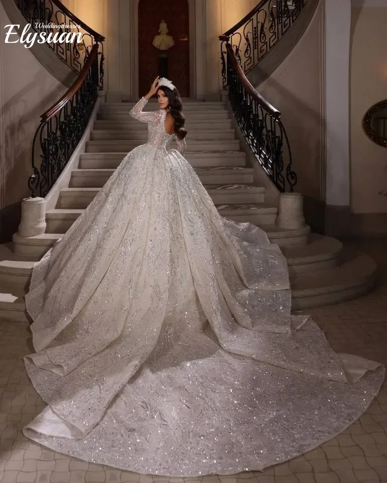 تخصيص سباركلي الكرة ثوب الزفاف مثير الترتر مطرز 3D الدانتيل كم طويل العربية السعودية زي العرائس Vestido De Noiva