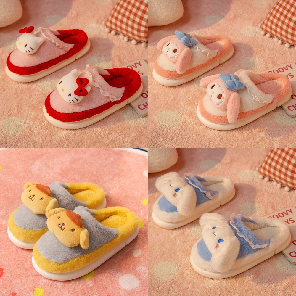 

Плюшевые тапочки Sanrios Hello Kitty Kawaii Cinnamoroll My Melody, милые женские зимние домашние Нескользящие теплые тапочки, подарок