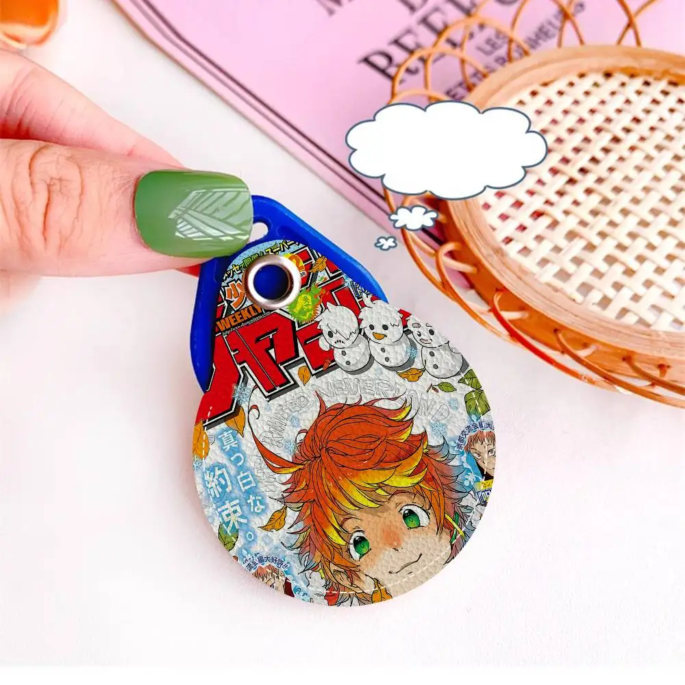 The Promised Neverland Anime 1PCS PU Leather Keychain Protective Case Door Lock Access Control Tags Card Bag Key Tag Ring.