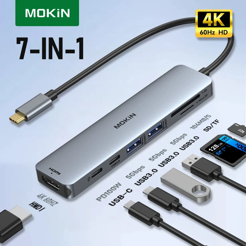 

MOKiN USB HUB to 4K HDMI Type C Hub Adapter Docking Station for MacBook Pro/Air USB 3.0 SD/Micro SD PD 100W Laptop Accessories