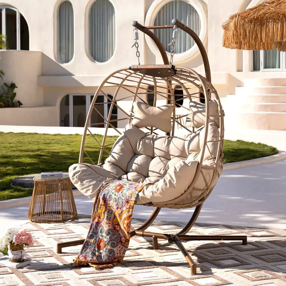 2 Person Wicker Swing Double Egg Chair with Stand, Rattan Wicker Hanging Egg Chair Hammock Chair with Cushion and Pillow