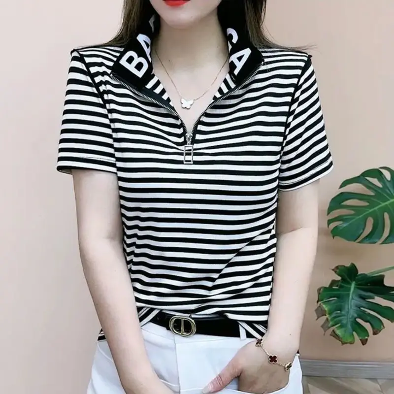 Women\'s T-shirt Short Sleeve Summer Female Polo Shirt Casual Fashion Slim Fit Ladies Tops Black Zipper Pullover Tops