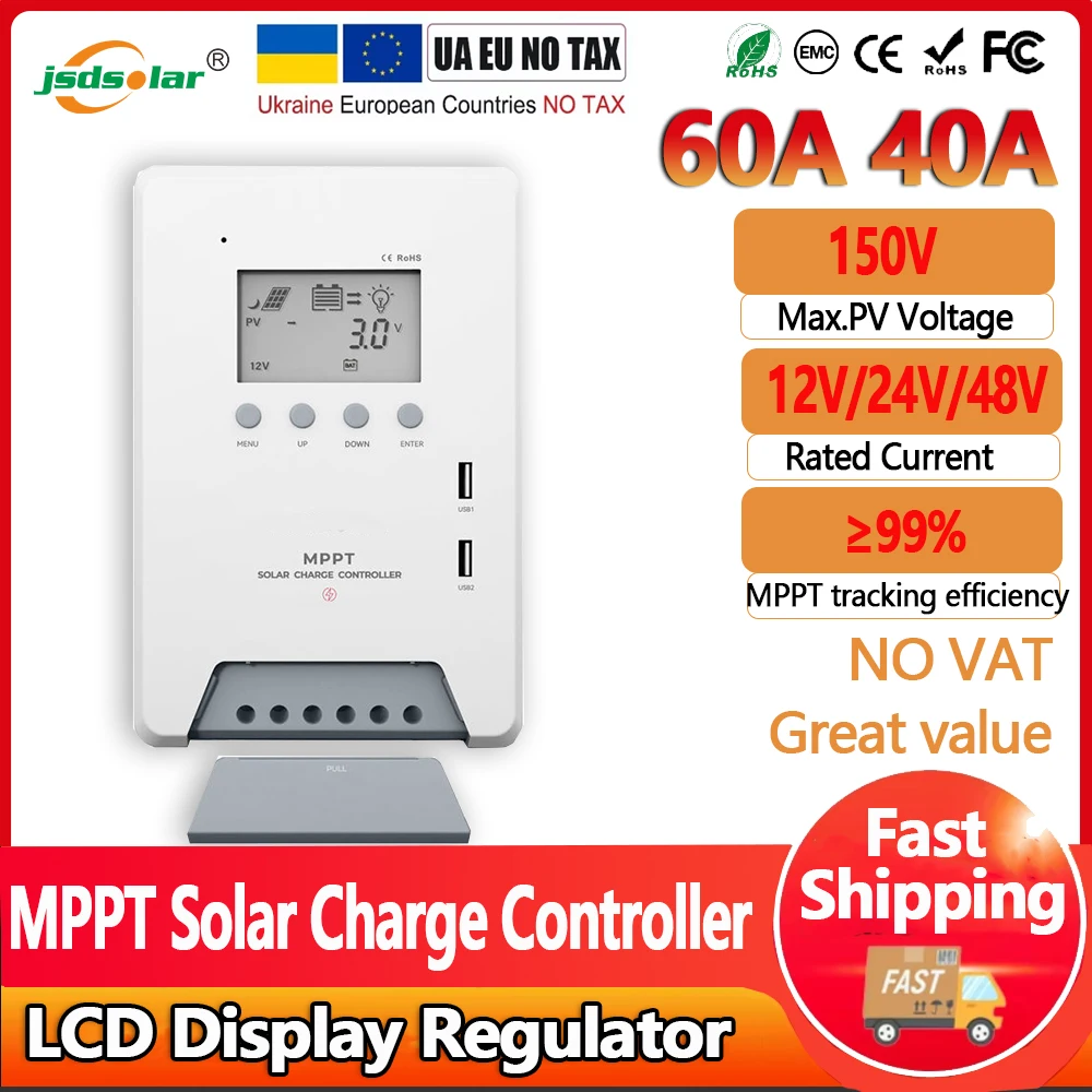 30A 40A 60A MPPT Solar Charge Controller 12V/24V/48V Battery Charger Max 150VDC Back-light LCD Solar Regulator Support Lifepo4