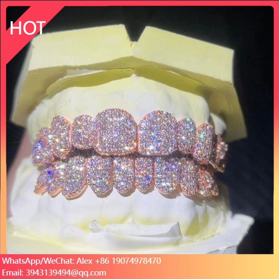 

Hop Rose Gold Plated Grillz Iced Out Diamond Teeth Top 10 Bottom 10 S925 Sterling Sliver VVS Moissanite Grillz Factory Price