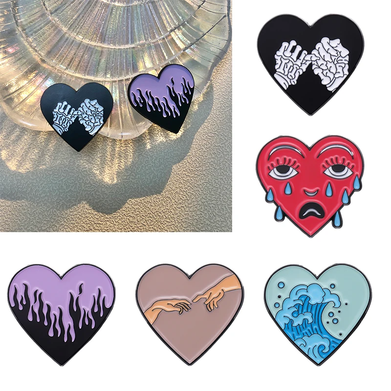 Creative Heart Love Enamel Pins Cartoon Funny Flame Wave Skull Hip Hop Brooches Punk   Lapel Badges Clothes Decoration Jewelry