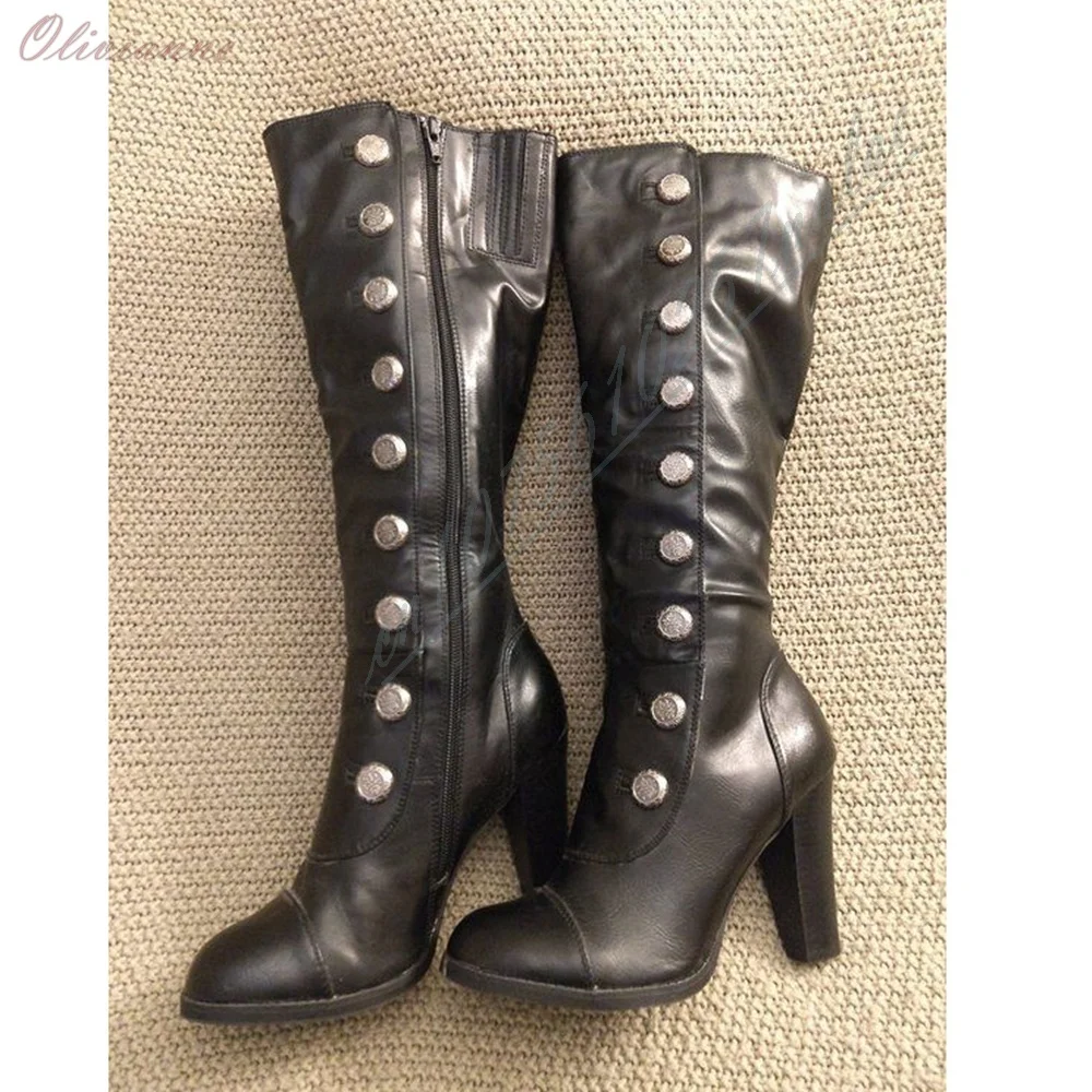 

Retro Gothic Women High Knee Boots Multi Silver Round Buttons Mid Block Heel Round Cap Toe Daily Street Punk Party Footwear