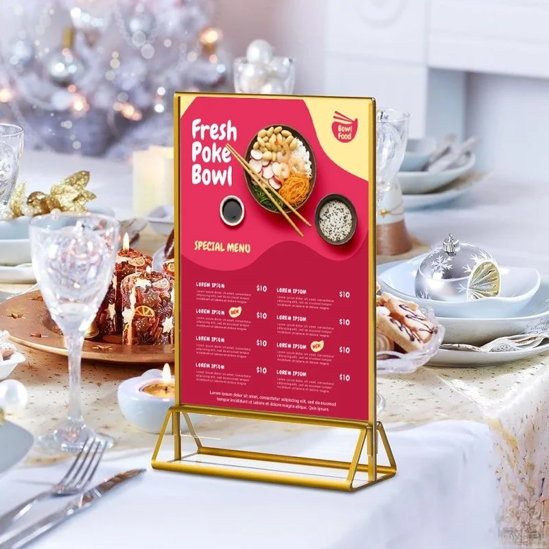 

A5 148X210 мм акриловый держатель для вывески с золотой каймой, акриловые рамки для фотографий, свадебный стол, меню, открытки с рецептами, подставка для фотодисплея