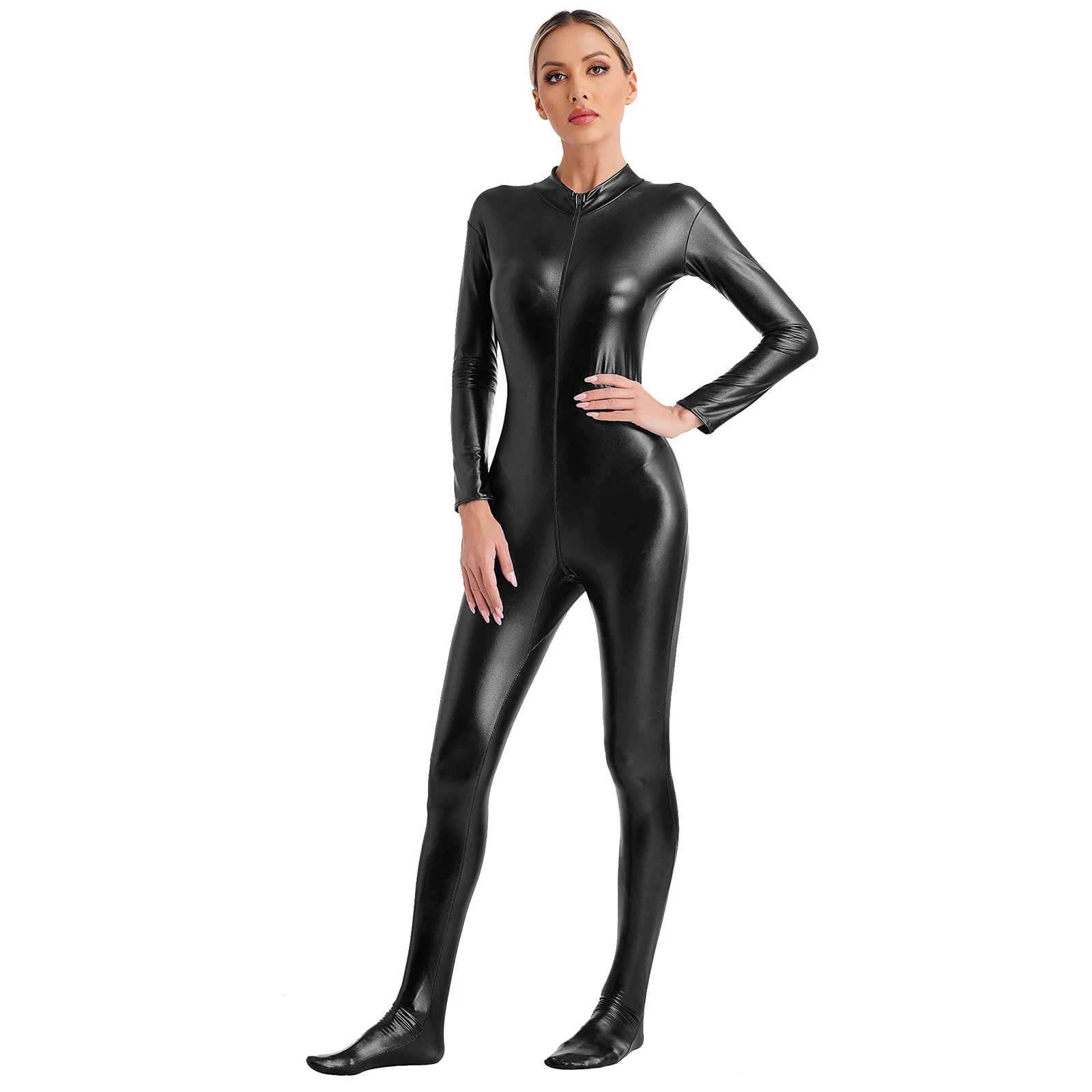 Womens Metallic Shiny Jumpsuit Long Sleeve Front Zipper Full Body Unitard Tights Bodysuit Disco Rave Party Pole Dancing Clubwear