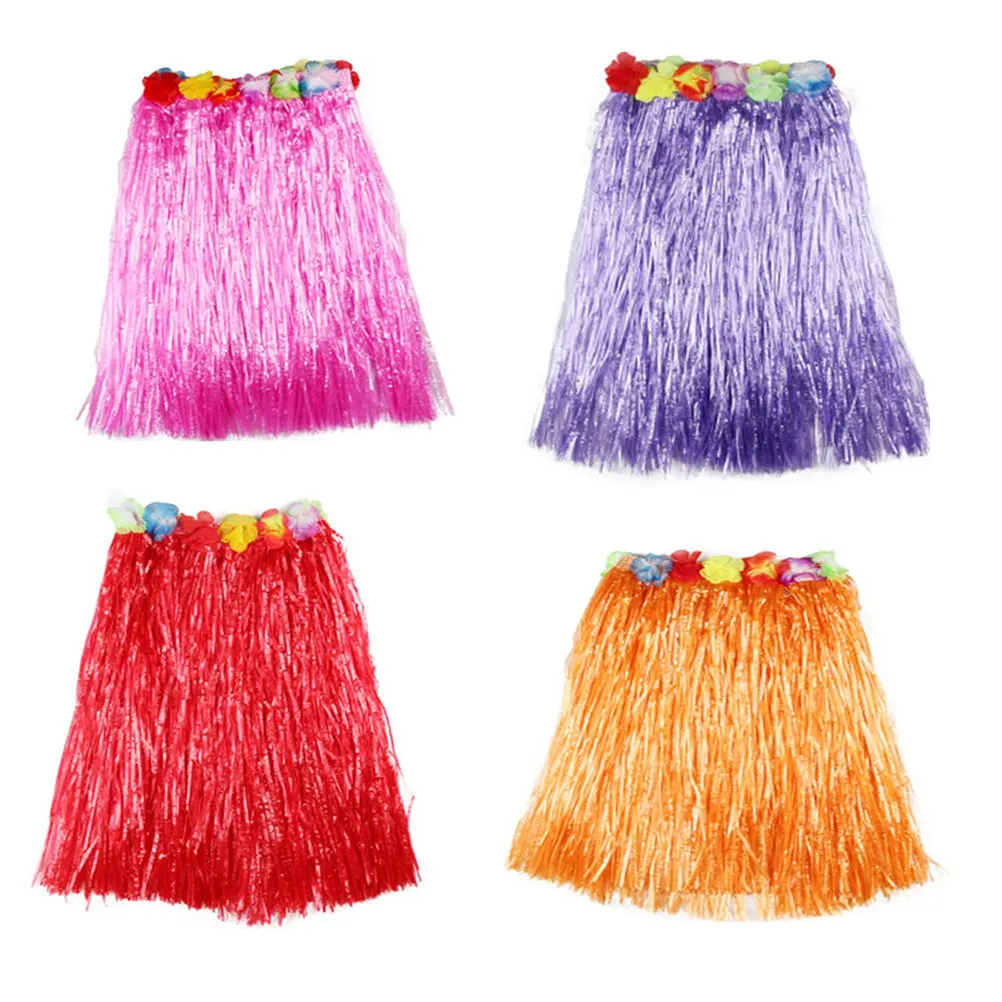 Juego de 4 faldas hawaianas de 40 cm con cintura ajustable y flores de colores brillantes, ideal para fiestas de disfraces y luau, color morado.