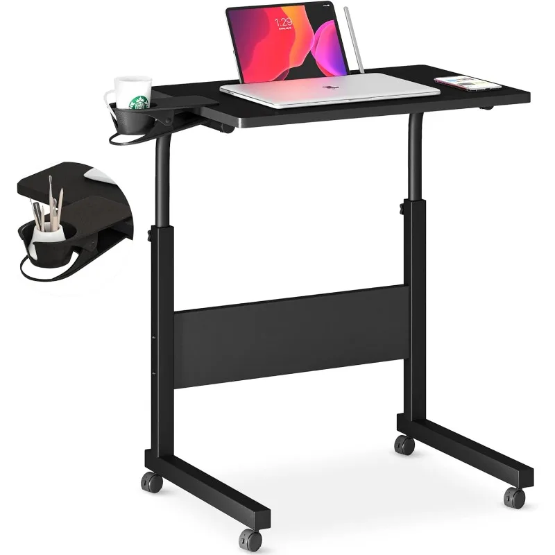 Standing Desk Adjustable Height, Stand Up Desk with Cup Holder, Portable Laptop Desk, Mobile, Small Computer Desk, Bedside Table