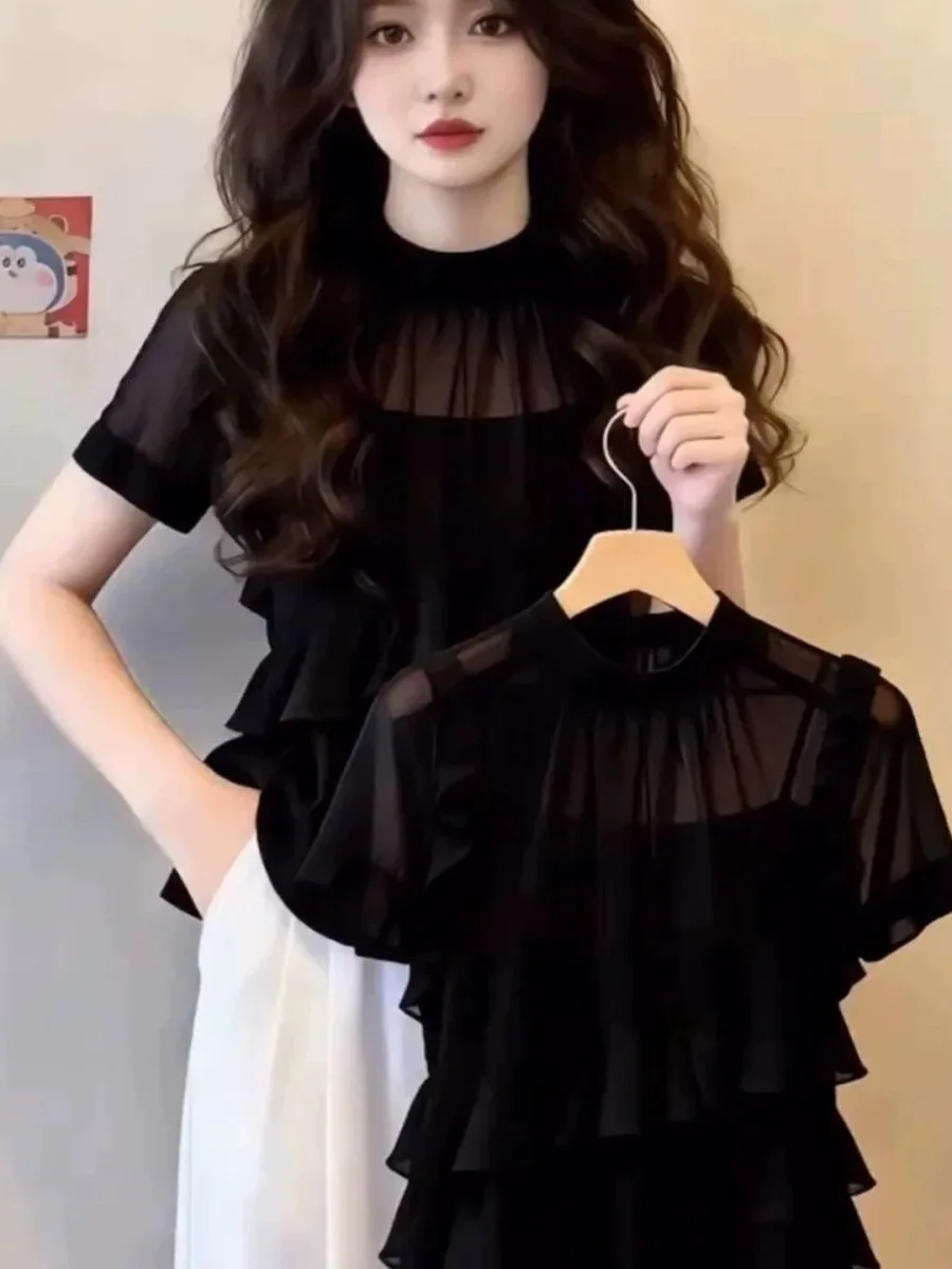 

Black Mesh Lace Short Sleeve T-Shirt Women Summer Design Thin See-through Shoulder Line Top Korean Style Commute Wind Loose Fit