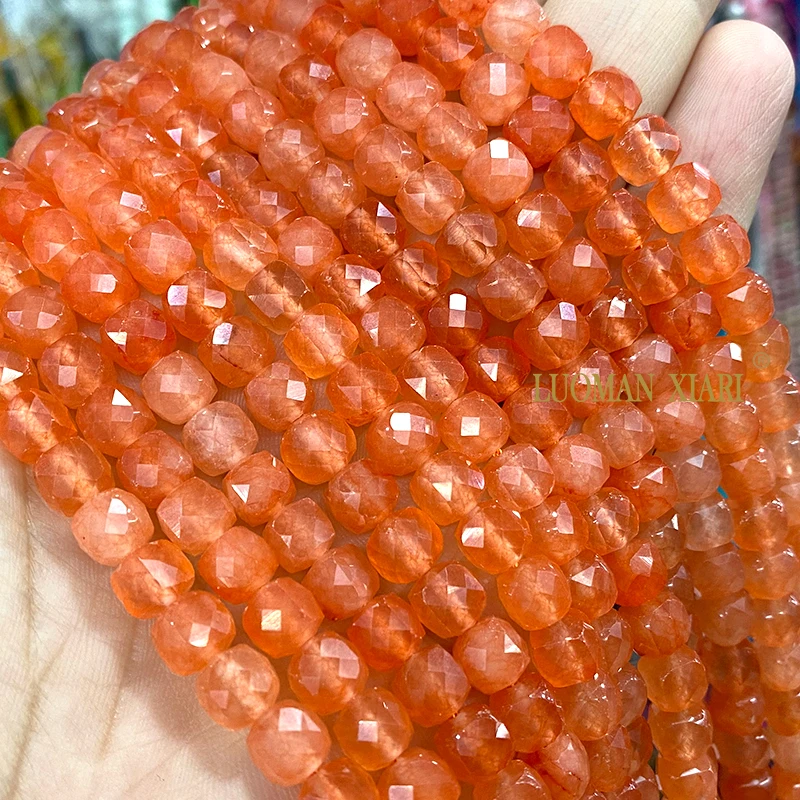 7x7MM Faceted Square Natural Stone Light Orange Chalcedony Loose Spacer Beads for Jewelry Making Diy Bracelet Accessories