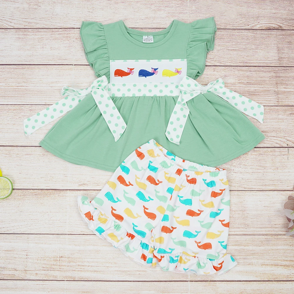 Baby Cotton Short Sleeved Green T-shirt Set Round Neck Whale Printing Boy Top Clothes And Stripe Shorts Suit Girl Romper WithBow