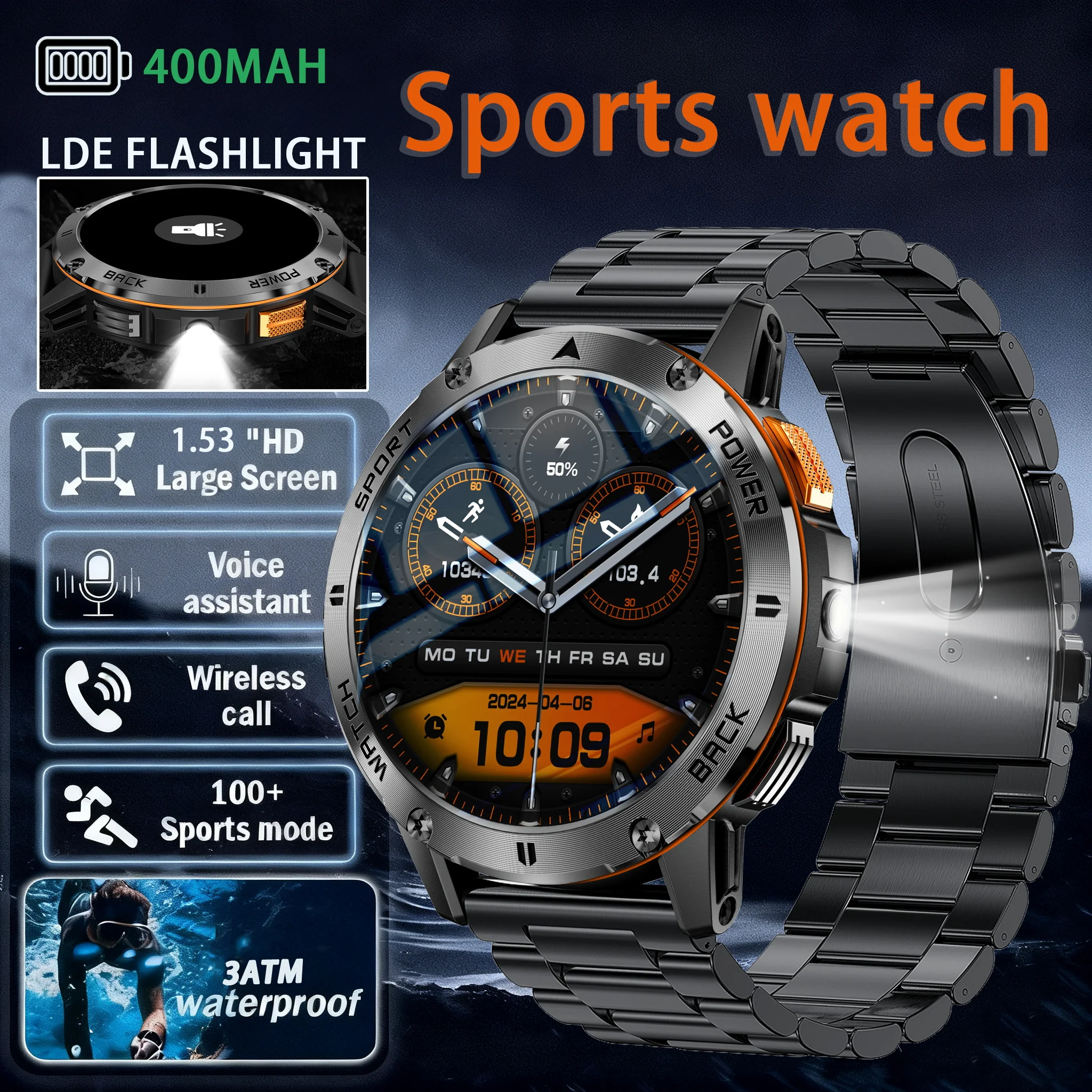 

2025 Smart Watch Wireless Calling Weather Forecast Magnetic Charging Waterproof LED Flashlight Men smartwatch For Android IOS