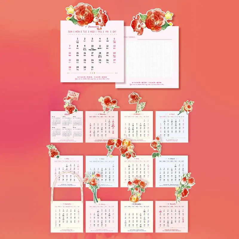 Calendário de Mesa Flores Bloomy, Vaso Removível Criativo, Flor em forma, Planejador Desktop com Base de Madeira, Banquete