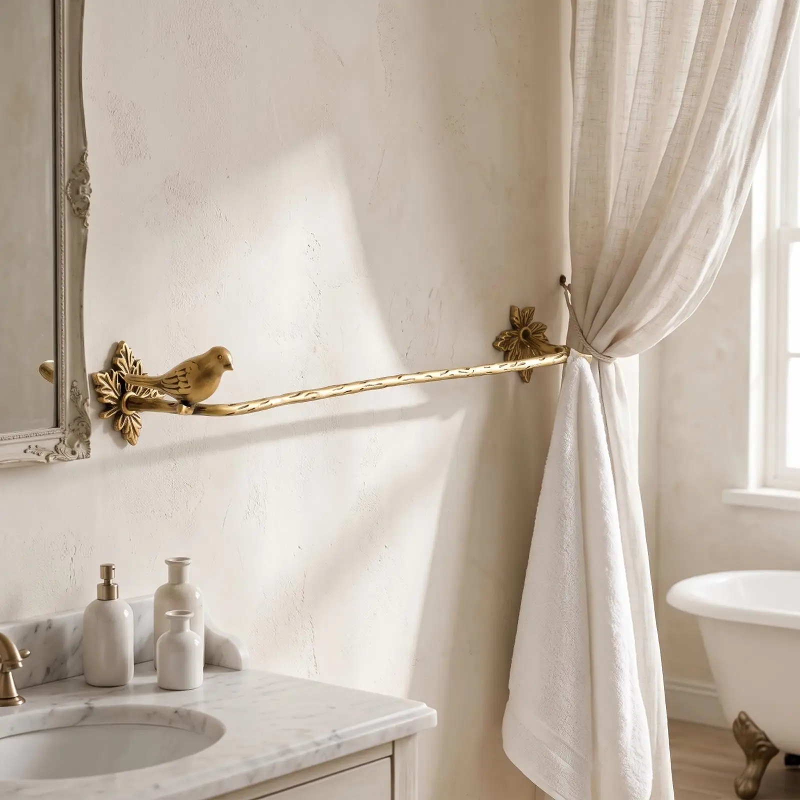 Bathroom Wall Mount Copper Towel Rod Vintage Bird Accent Sturdy Brass Rack for Bath Towels Easy Mounting