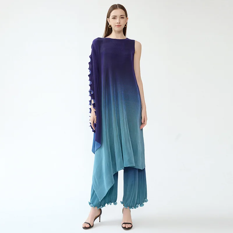 2025 Spring/Summer New High End Gradient Pleated 2 Pieces Set Women One Shoulder Sleeve Dresses Wide Leg Trousers Fashion