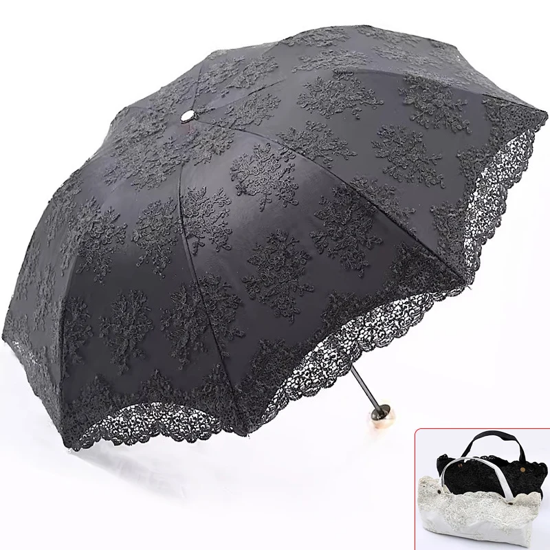 Quality Lace Women Umbrella Black Beige Wind Resistant Rainproof Female 3 Fold Sunshade Trip Anti UV Sun Rain Parasol Compact