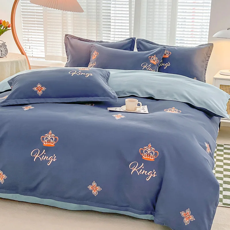 Crown King Print Duvet Cover 4pcs Blue Bedding Set for Teen Women Men Lover Romantic Valentine's Day Decorations Bedspread Cover