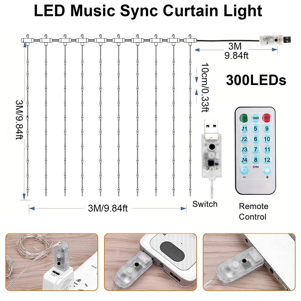 Music 3M USB LED Curtain Festoon Light Garland Remote Control 8Modes Timer 2022 Christmas String Lights New Year Decoration IP65