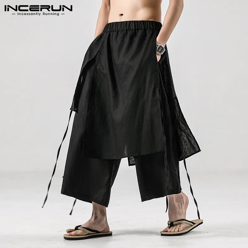 INCERUN Men Casual Pants Solid Streetwear Joggers Baggy Irregular Skirts Trousers Men 2024 Harajuku Elastic Waist Wide Leg Pants