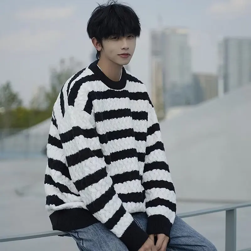 

Men's Autumn Winter Large Size Striped Knit Sweater round Ne Overhead Long Sve Baseball Collar Loose Fit Faionable