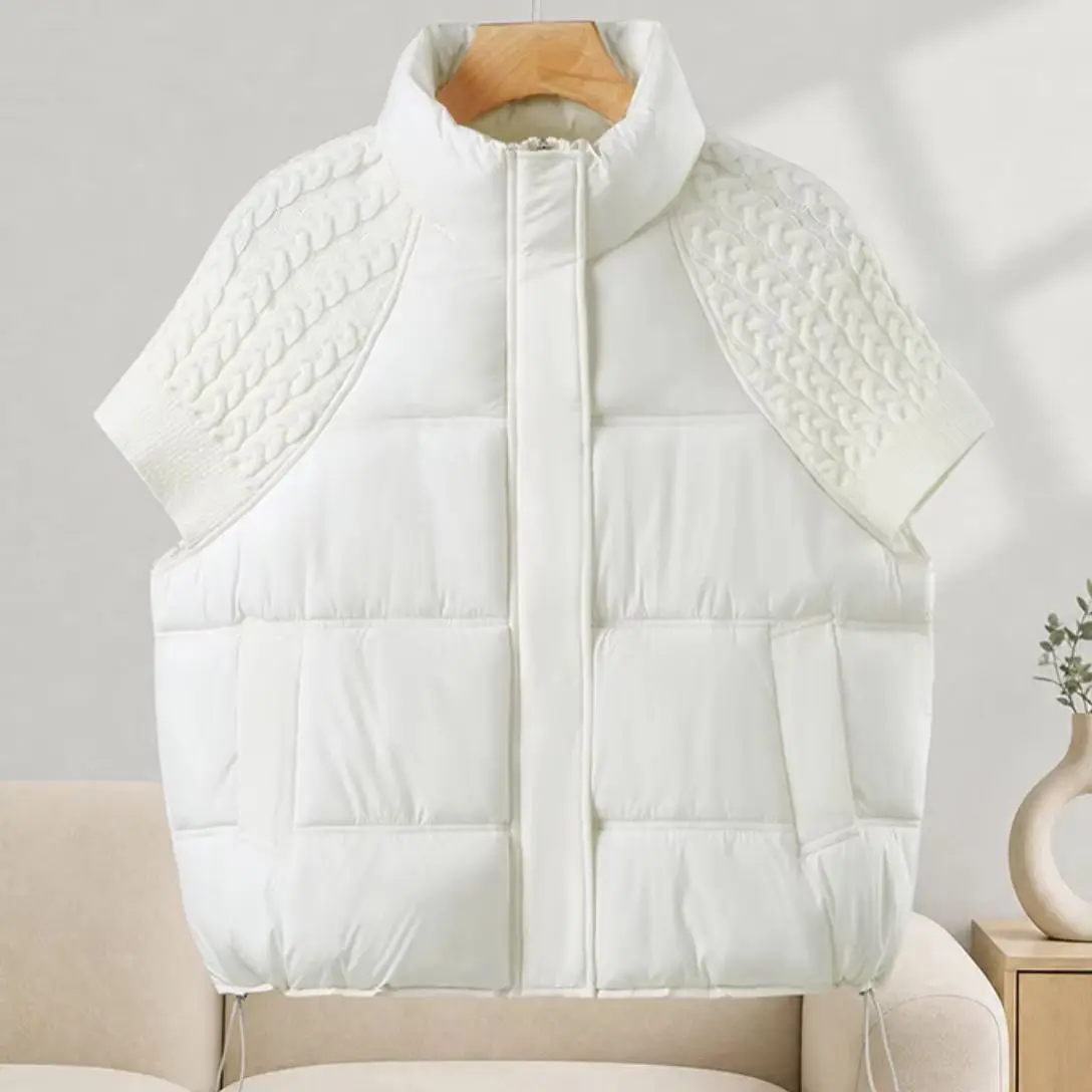 Women Stand Collar Knit Spliced Cotton Puffer Vest Drawstring Hem Loose Quilted Waistcoat Autumn Winter Casual Outerwear