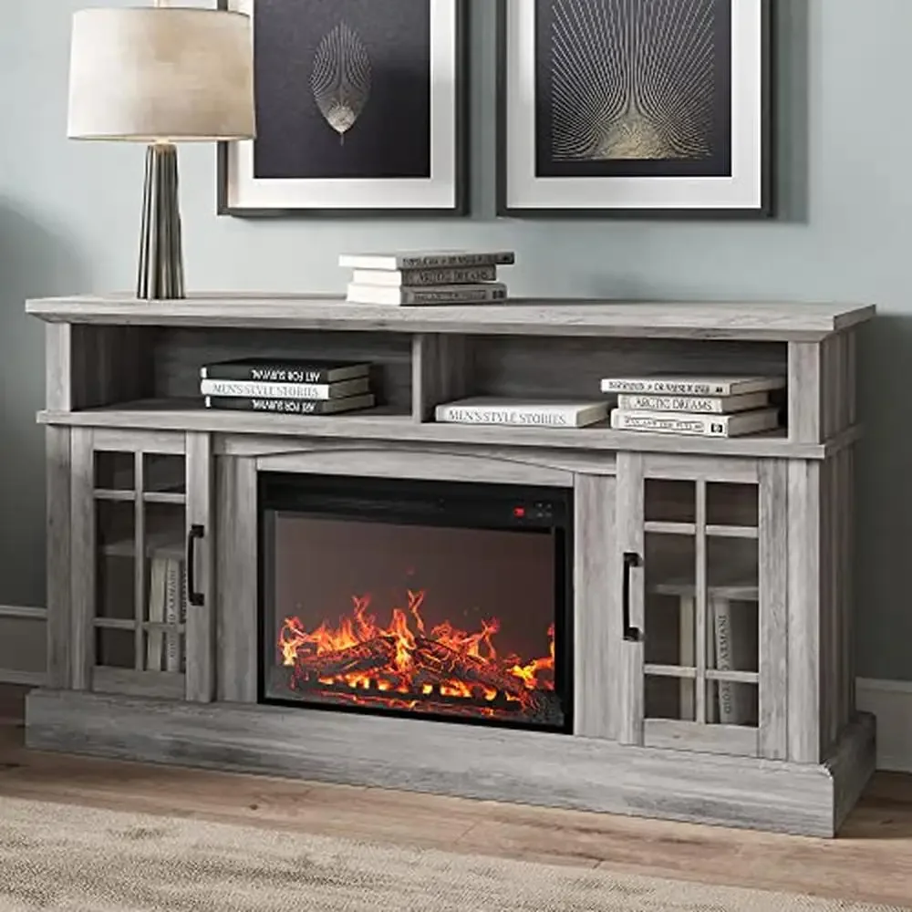 Rustic TV Stand with Electric Fireplace and Ample Storage Classic Design with Fireplace Included Grey Wash 100 Day Returns