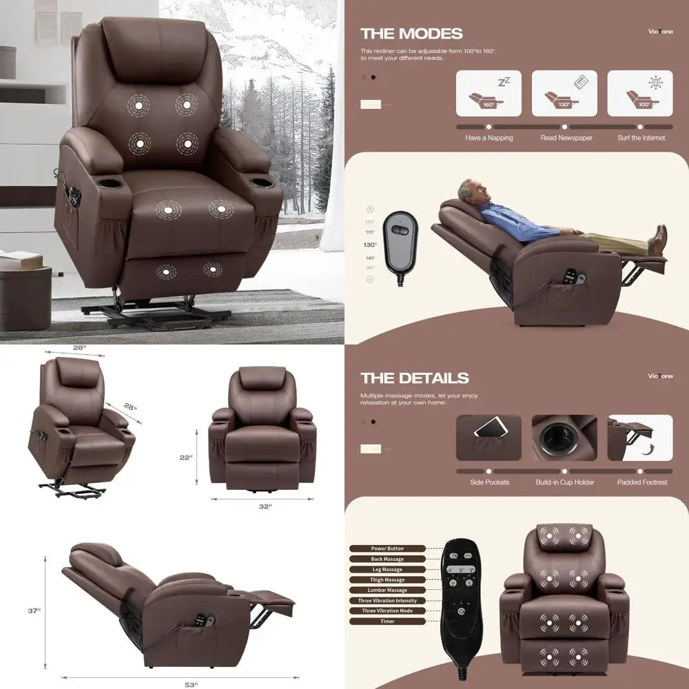 Elderly Power Lift Recliner with Massage, Side Pockets, and Cup Holders for Living Room Comfort