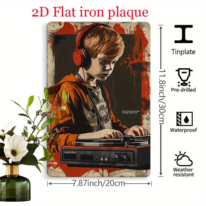 DJ Turntable Metal Wall Art - Red Headphones,Soundkiller Turntable Design - Urban Music Studio Decor - Heavy-Duty Iron Sign fo