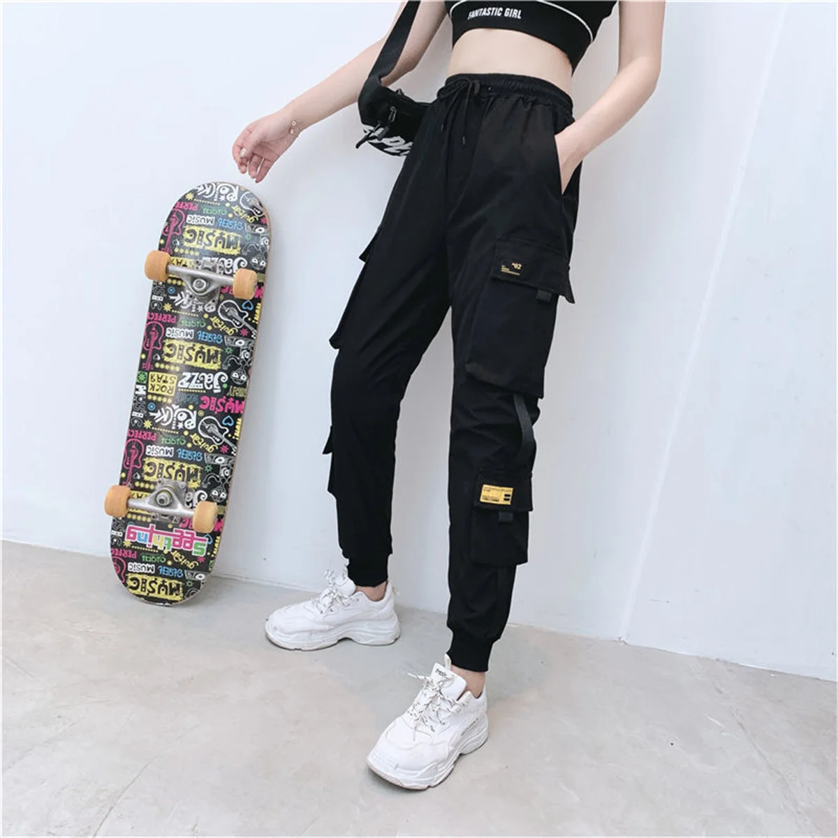 Celana kargo wanita, celana kargo hitam, celana joging pinggang tinggi longgar, celana Hip Hop Korea, celana Punk lucu