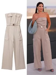 TRAF-Mono de color caqui liso con cinturón para mujer, pantalones holgados con bolsillos, ropa de calle Chic para verano y otoño, 2023