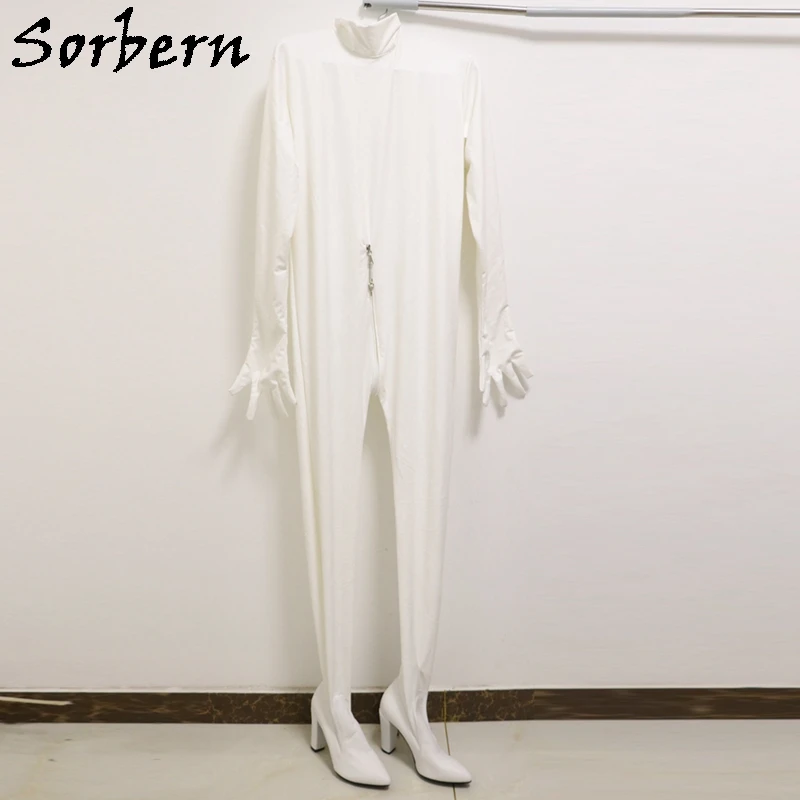 Sorbern White Matte Streched Body Suit Unisex Block High Heel Pointed Toe Long Sleeves With Fingers Lockable Zippers Custom