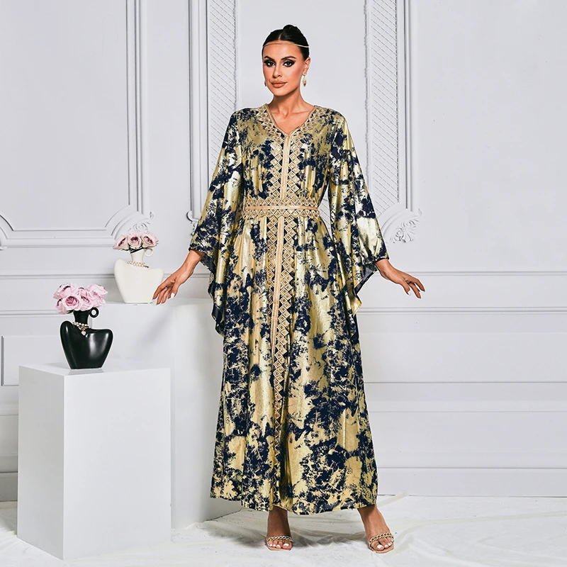 Elegant Ladies Vestido De Festa Women Flare Sleeve V Neck Dubai Abaya Muslim Printed Islamic Turkey Long Maxi Dresses