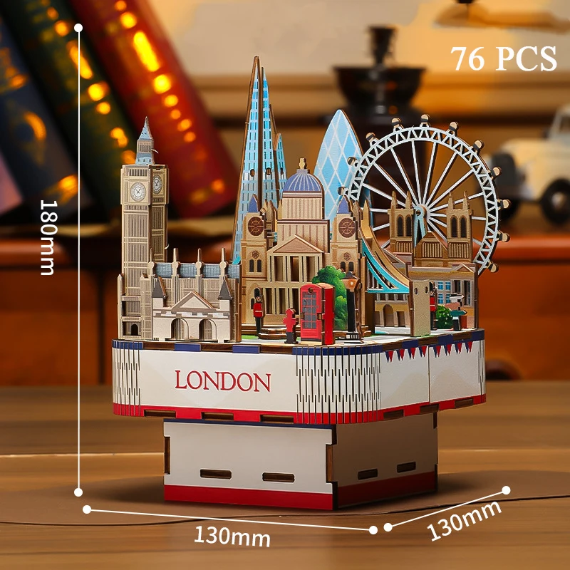 DIY 3D Wooden Magic Castle Music Box Miniature Model Kits Jigsaw Puzzles Train Can Move for Children Birthday Gifts Home Decor