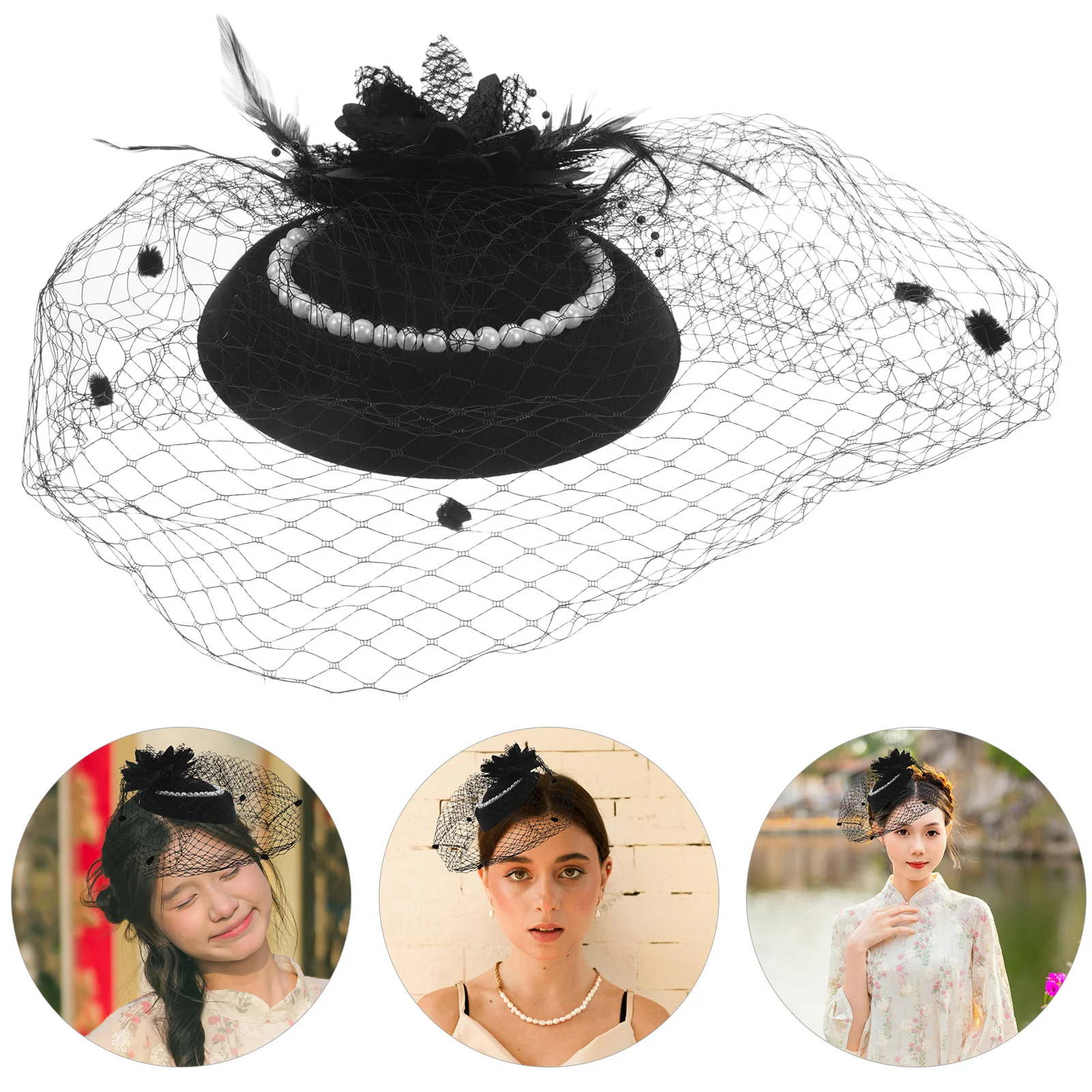 

Sophisticated Mini Hat with Black Veil Pearl Accents Retro Flapper Style for Women Tea Party Wedding Church Events