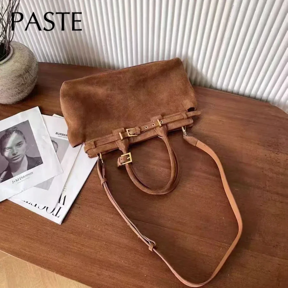 حقيبة يد للعمل من جلد Nubuck للنساء ، حقيبة حمل كبيرة ، قهوة غير لامعة ، جمل رمادي ، طراز روسي ، جلد مدبوغ حقيقي ، جلد بقر ، شتاء