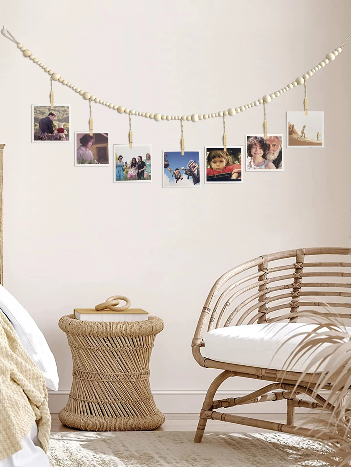 Wooden bead wall hanging photo display rack, home decoration photo storage, tassel string wall decoration photo rack