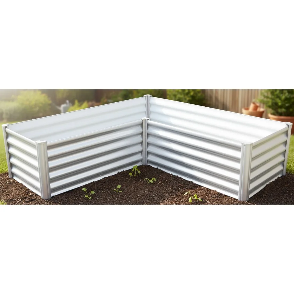 

Premium Galvanized L-Shaped Raised Garden Bed 4'x3' Easy Assembly Superior Drainage White Steel Planter Box