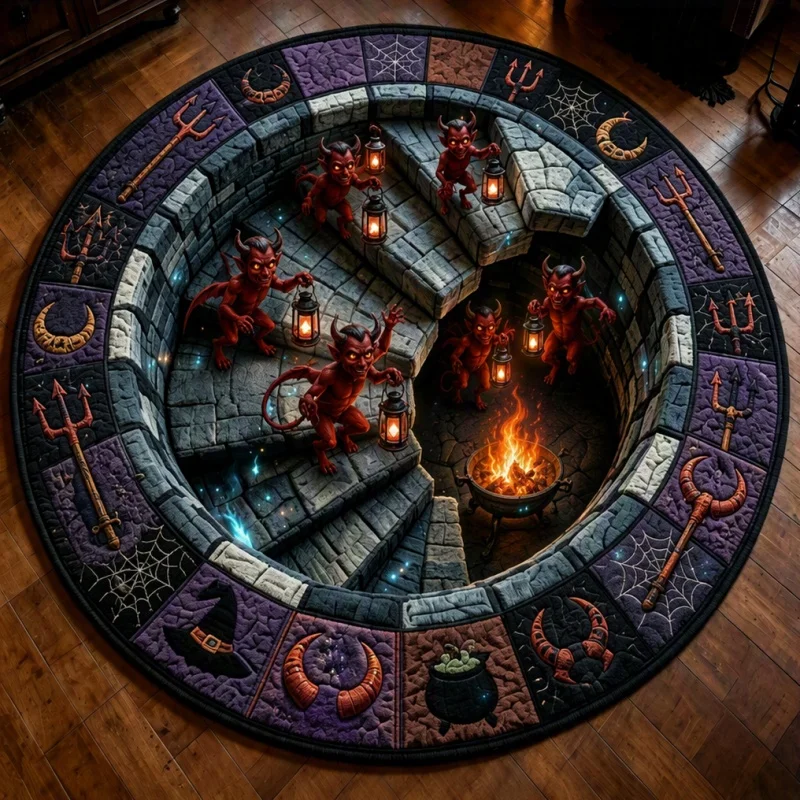 Demon 3D Illusion Round Area Rug, Spooky Hole Effect Circular Floor Mat, Halloween Indoor Home Decor