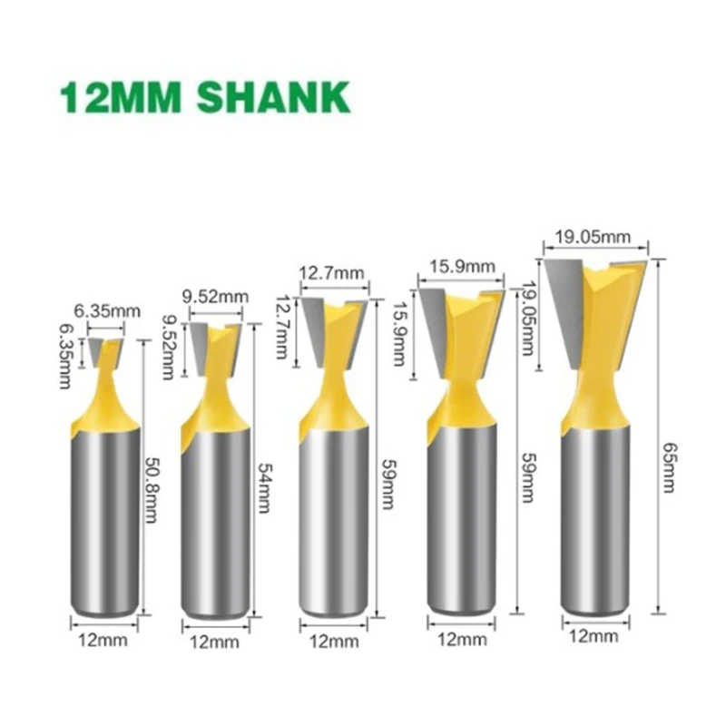 5Pcs 12mm Shank Dovetail Milling Cutters Industrial Grade Tungsten Router Bits for Wood Carving Woodworking Tool