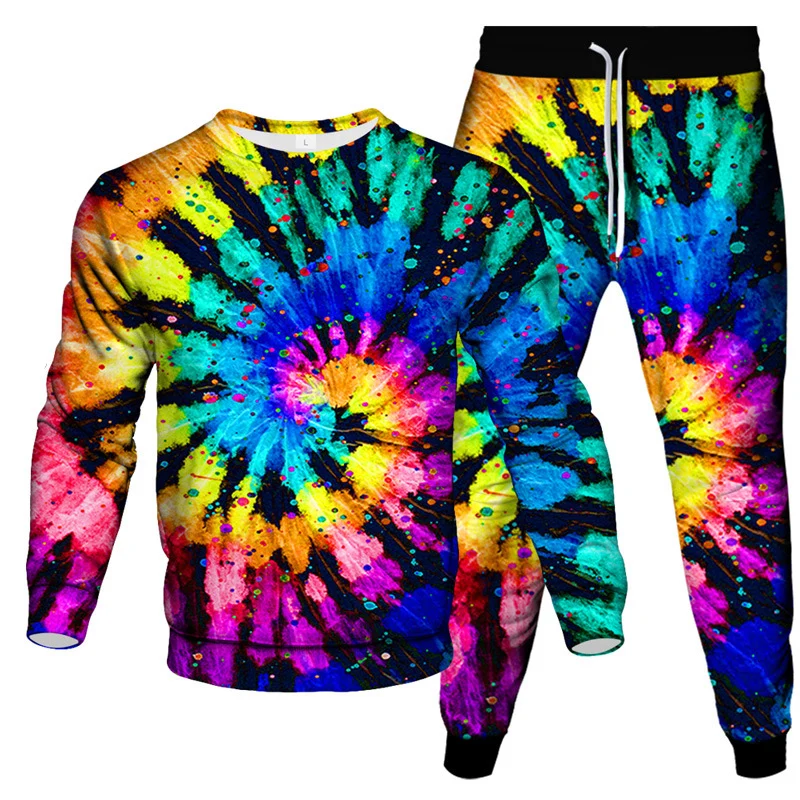 Colorful Tie Dye Vortex 3D Print Men\'s Sportswear Set New Long-Sleeved T Shirt Pants 2-Piece Set Oversized Pullover Men Clothing