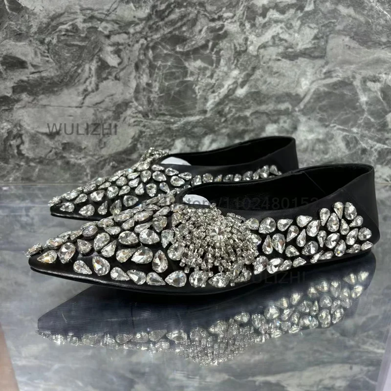 Silver Diamond Large Crystal Stone Mules Women Flat Sandals Pointed Black Leather Slippers Bling Catwalk Jeweled Patchwork Shoes