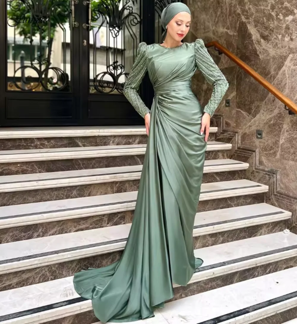 

Muslim Mint Long Sleeve Satin Beaded Formal Dress Arabic Hijab Evening Party Vestido Fiesta Boda Invitada 2025 Style