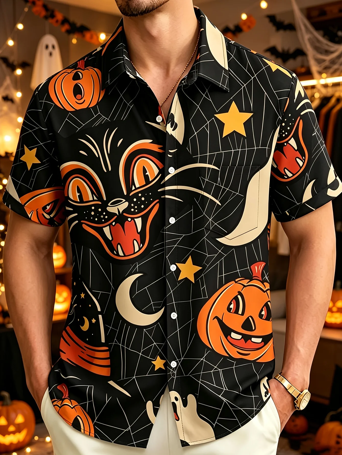 Men Halloween Retro Black Cat Short Sleeve Shirt Pumpkin Spider Web Moon Star Print Turn‑Down Collar Party Shirts