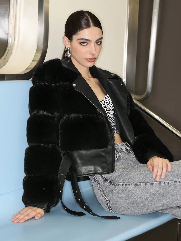 D&M 2024 Women  Faux Fur PU leather Top Coat Autumn Winter High Quality Slim fit Coat Faux Fur Jacket Ladies furry Fashion Tops
