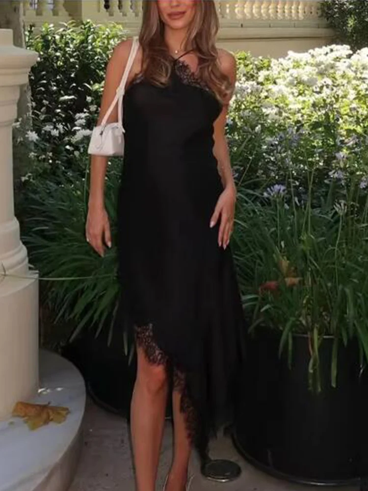Frauen Sexy Spitze Satin Neckholder Langes Kleid Asymmetrischem Saum Kleid Neue 2025, Sommer Mode Urlaub Party Strand Kleider